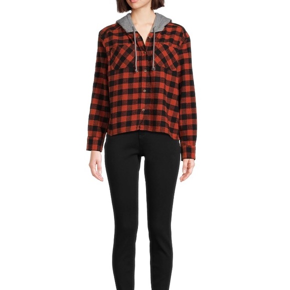 TIME and TRU Womens Flannel Hoodie Shirt Cropped Size Medium 8-10 Pockets New - Picture 3 of 8